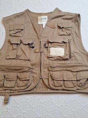 Ausable Sportsman Fishing Vest Mens L Tan Zip Front Pockets Hunting Game Pocket